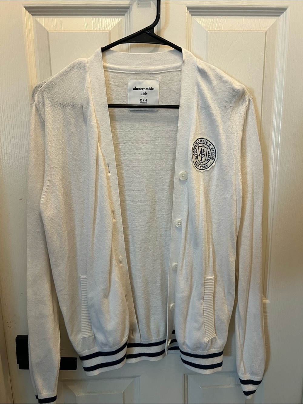 abercrombie kids White Cardigan with Navy Trim and Crest